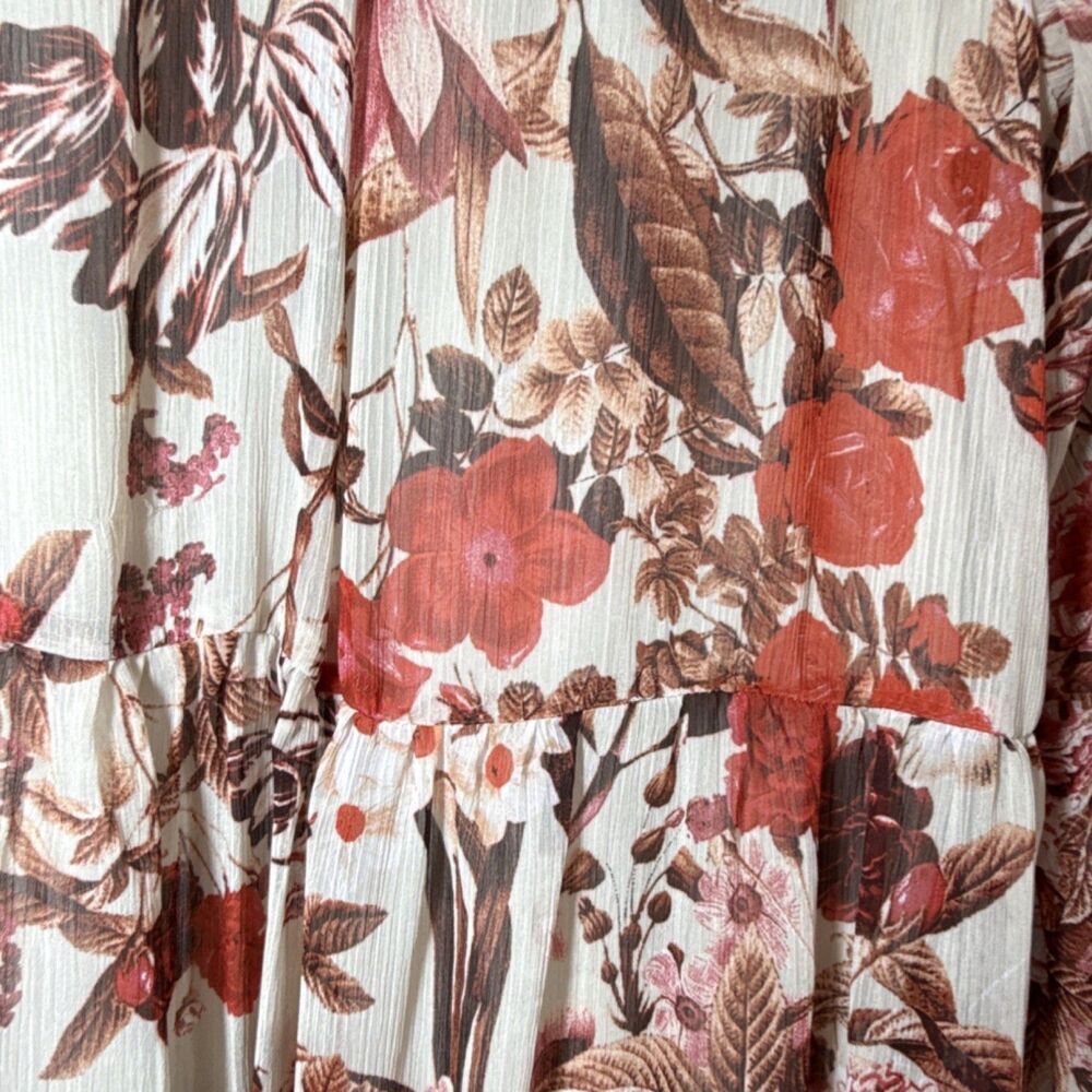 H&M Ivory Red Floral Chiffon Mini Dress 2 V-Neck Balloon Long Sleeve Lined - Picture 9 of 13